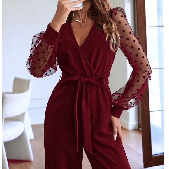 Classic Polka Dot Semi Sheer Long Sleeve Belted Straight Leg Jumpsuit - Picture 8 of 8